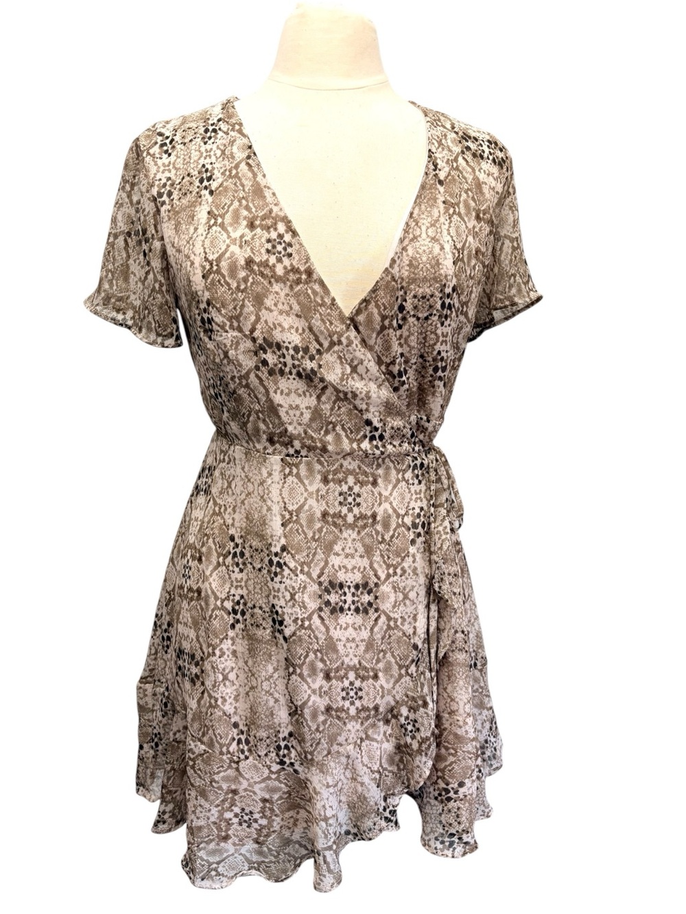 All In Favor Snake Print Wrap Mini Dress - Neutral Taupe